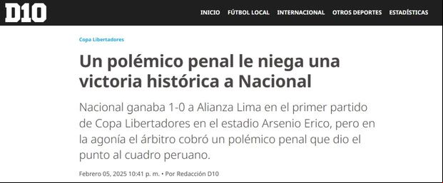 Portada del medio 'D10' de Paraguay sobre el Alianza Lima vs. Nacional por la Copa Libertadores (Foto: D10).