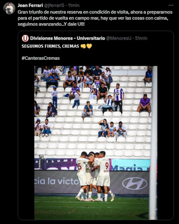 Jean Ferrari y la publicación tras el triunfo de Universitario. (Foto: Captura)